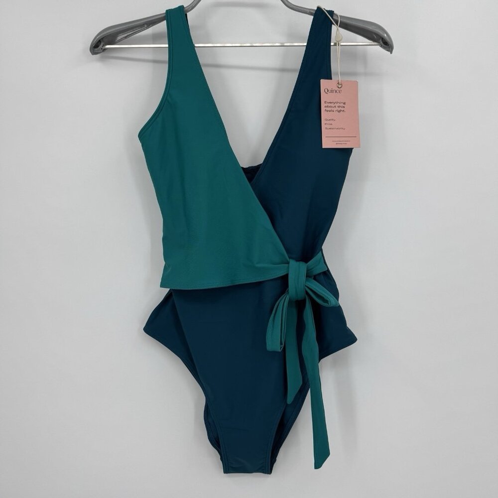 Quince Italian Wrap One-Piece Swimsuit size 2 in Teal Colorblock